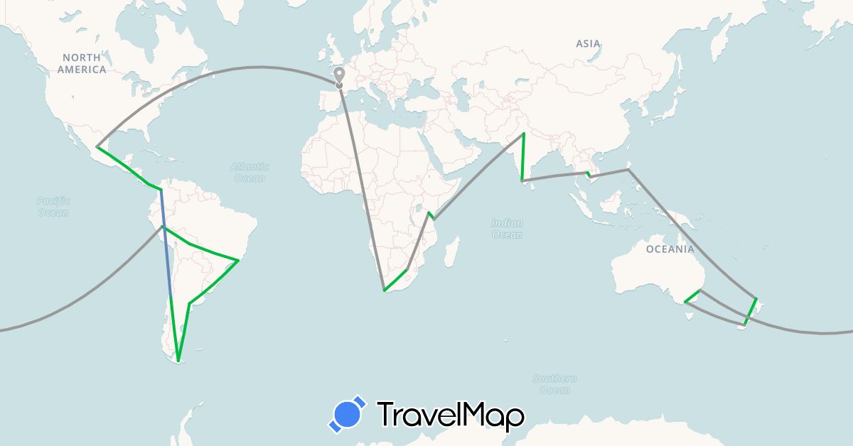 TravelMap itinerary: driving, bus, plane, cycling in Argentina, Australia, Bolivia, Brazil, Chile, Colombia, France, Guatemala, India, Cambodia, Mexico, New Zealand, Panama, Peru, Philippines, Tanzania, South Africa (Africa, Asia, Europe, North America, Oceania, South America)